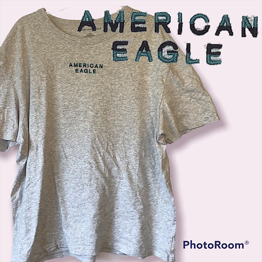 AE Lg Marled Grey Colorblock Blue Logo Graphic Tee Relaxed Fit Mens Unisex